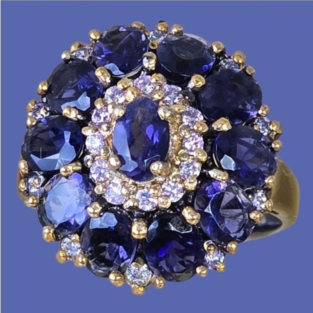 925 Sterling Silver Ring Sz 7.5 with Natural Iolite Gem & Tanzanite